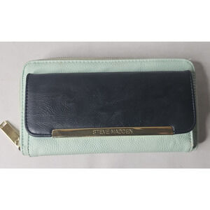 Steve Madden Zip Around Wallet Clutch Mint Green & Black w/ Outside Pocket